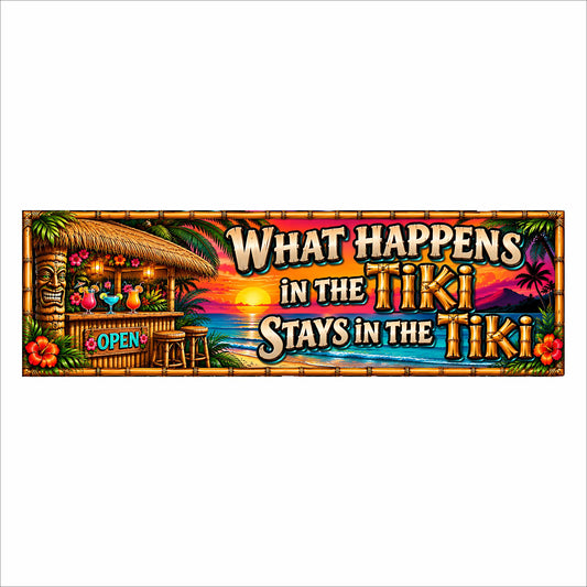 Tropical tiki bar wall sign featuring a thatched hut, carved tiki mask, colorful cocktails, hibiscus flowers and ocean sunset.