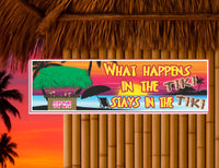 What Happens in the Tiki Stays in the Tiki Bar Sign with Beach Sunset & Palm Tree Silhouettes
