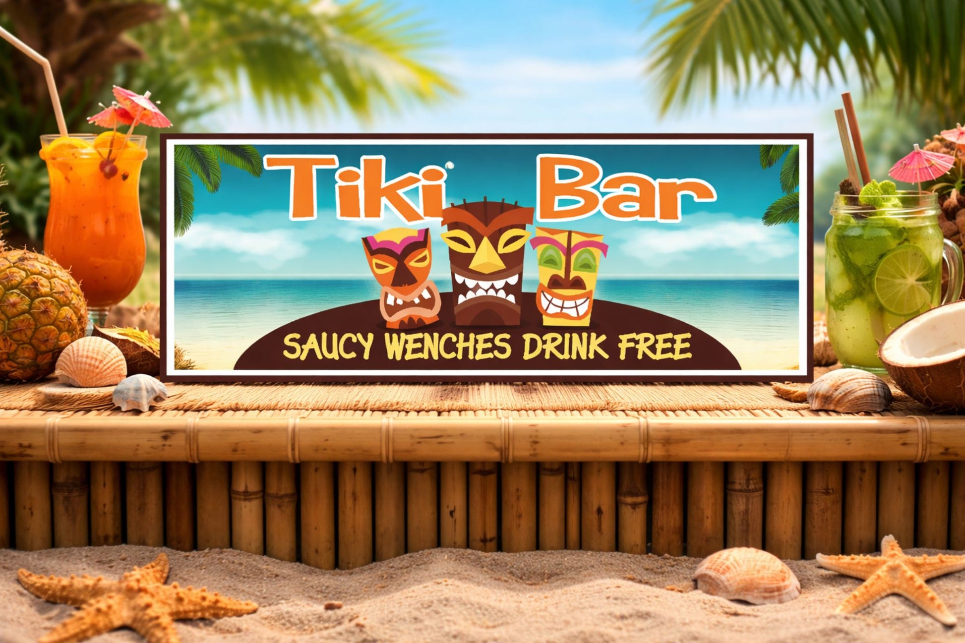 lifestyle image of tiki bar sign displayed on bamboo bar with sand and tropical drinks
