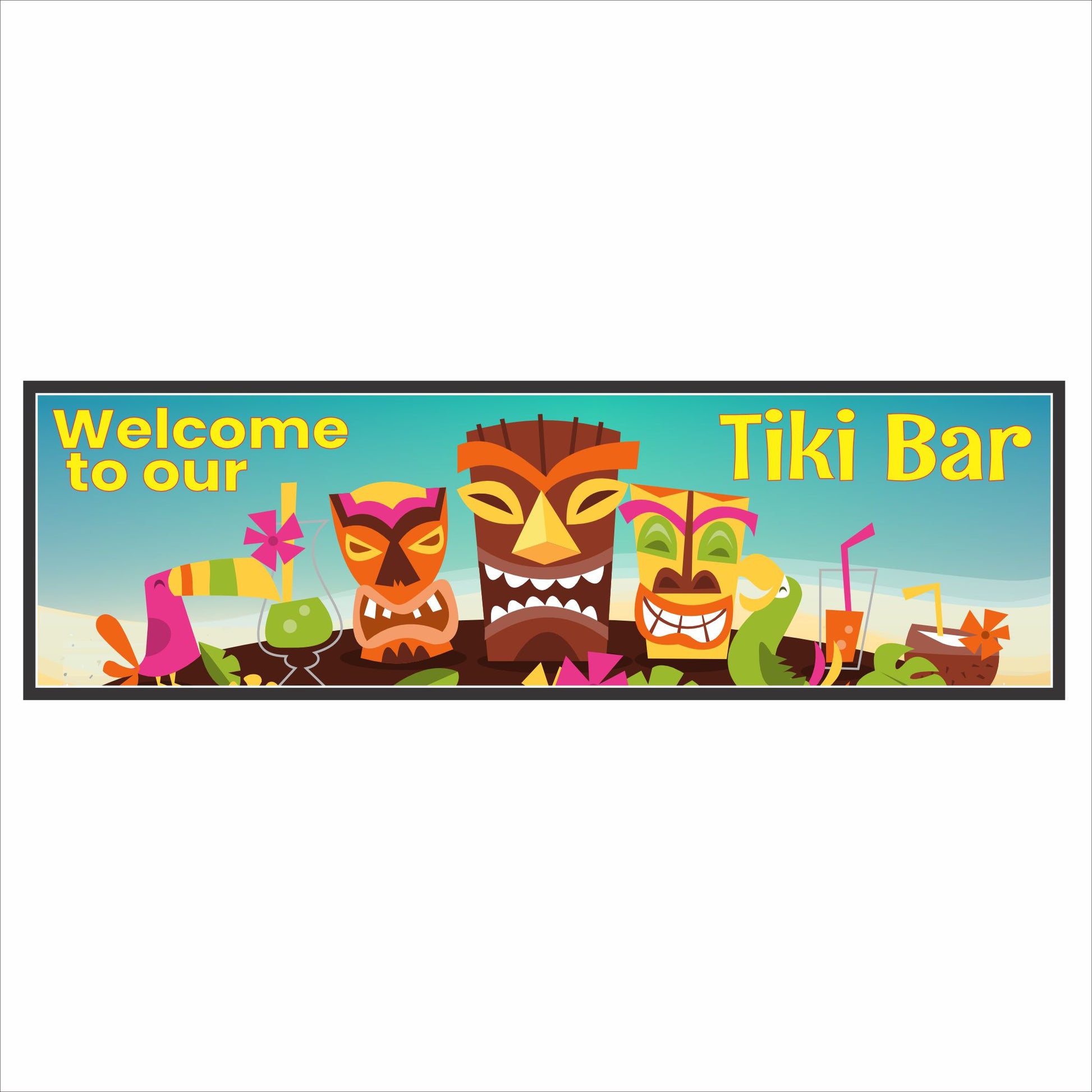 Rectangular Welcome to Our Tiki Bar sign with colorful tiki masks, tropical drinks, and bright island artwork on a horizontal 16x5 PVC sign