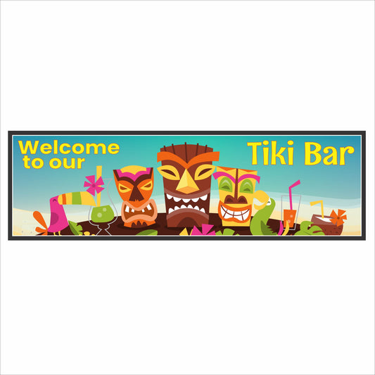 Rectangular Welcome to Our Tiki Bar sign with colorful tiki masks, tropical drinks, and bright island artwork on a horizontal 16x5 PVC sign
