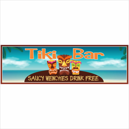 close up of tiki bar sign with colorful masks and tropical beach background