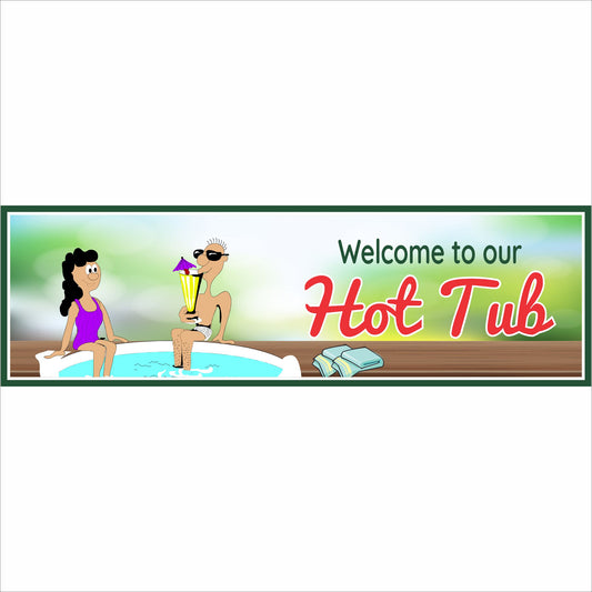 illustration of two people in a hot tub sign with welcome to our hot tub text green spa decor