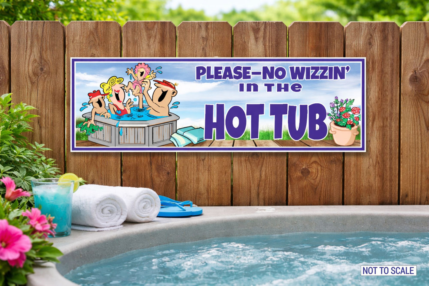 funny spa sign please no wizzin in the hot tub displayed near outdoor hot tub
