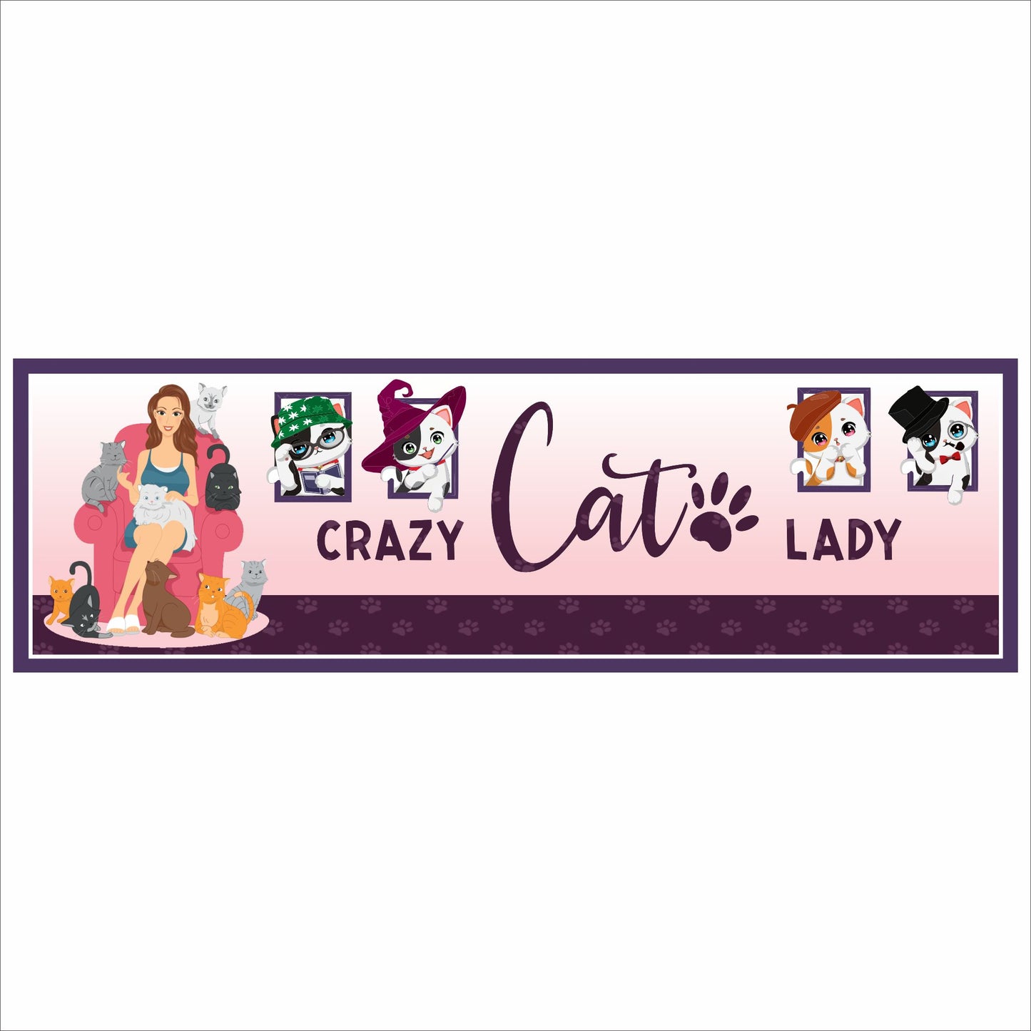 personalized crazy cat lady sign with illustrated woman and multiple cats on blush background