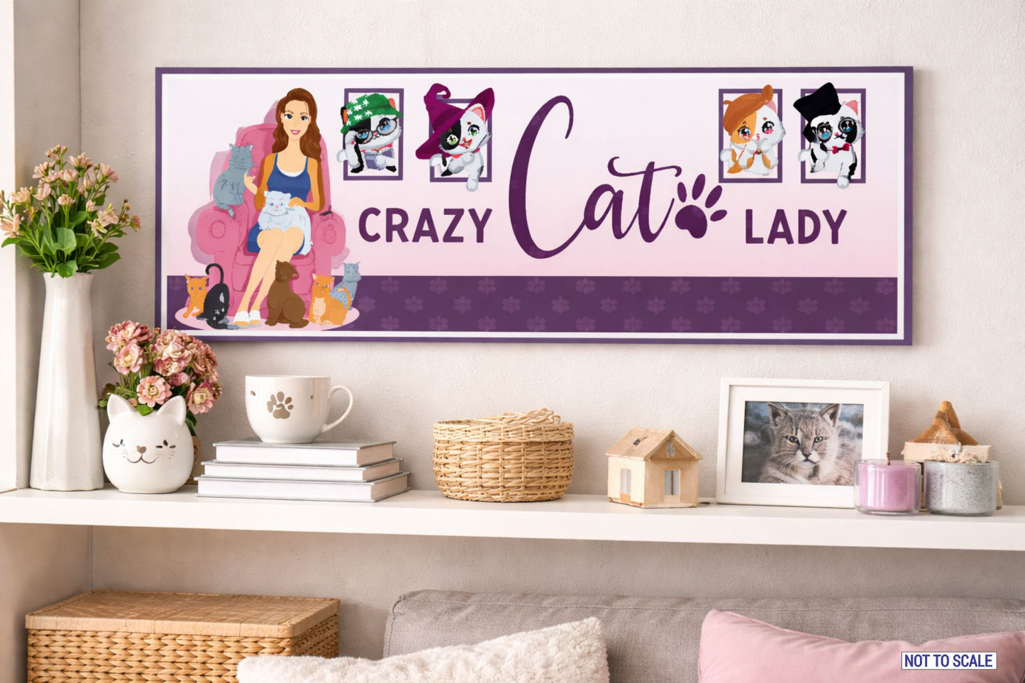 custom cat lover sign displayed on shelf with cozy home decor accents