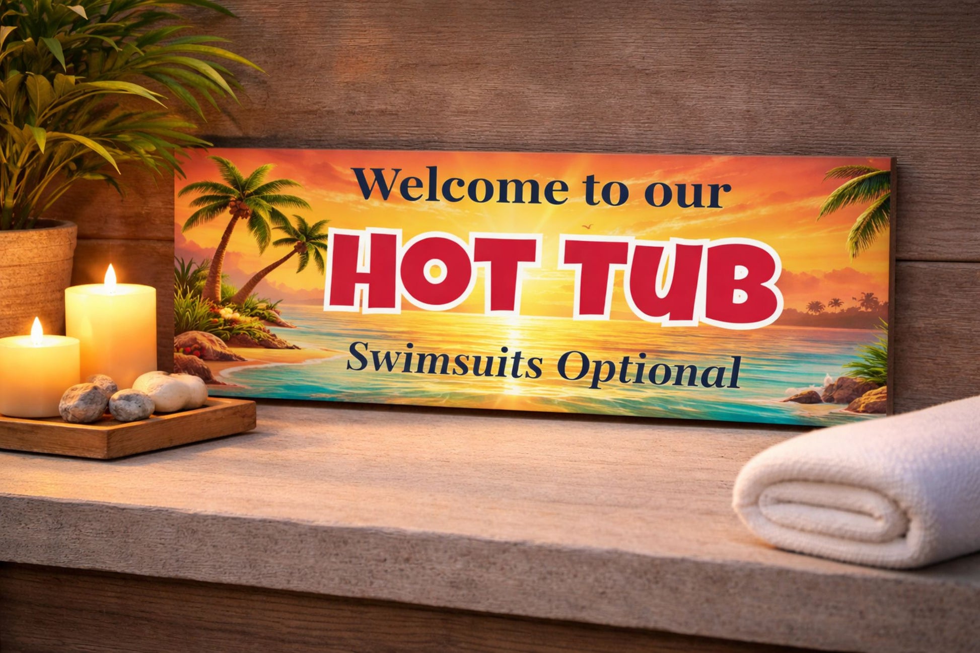 Hot tub sign displayed on spa table with candles and rolled towels