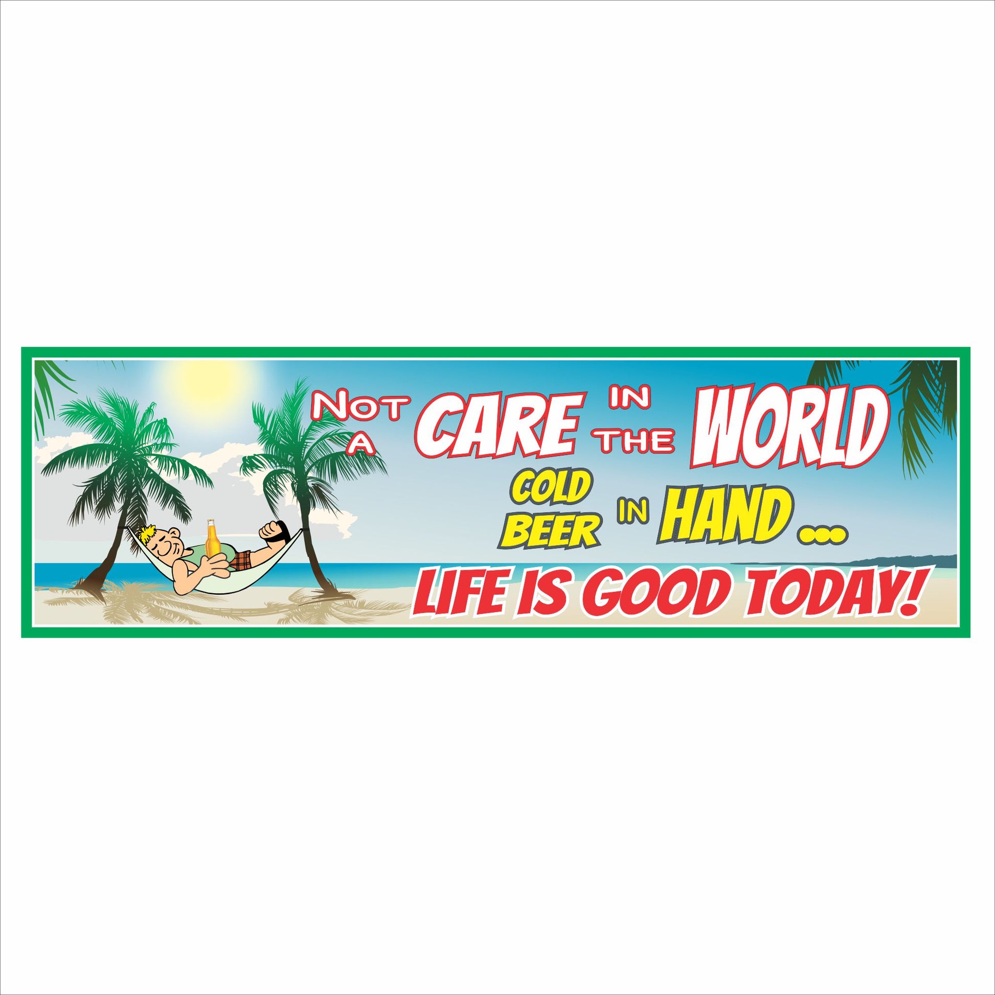 Beach quote wall sign with palm trees hammock artwork and green border