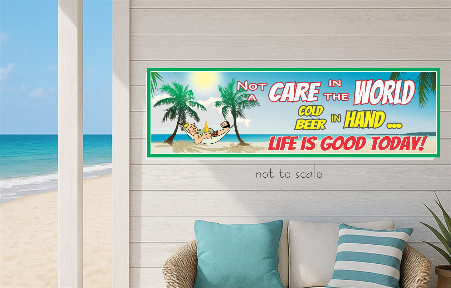 Beach quote wall sign mounted above sofa in coastal living room not to scale