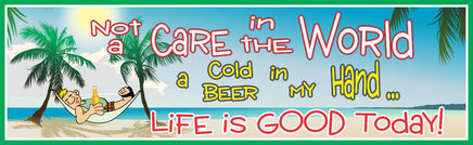Novelty beach sign featuring a relaxed cartoon scene with palm trees, ocean backdrop, and a humorous phrase about enjoying a cold beer, printed on durable vinyl mounted to rigid PVC for indoor or outdoor display, available in standard sizes, made in the USA by a veteran.