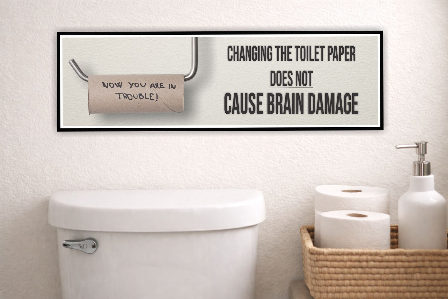 humorous toilet paper quote sign mounted above toilet
