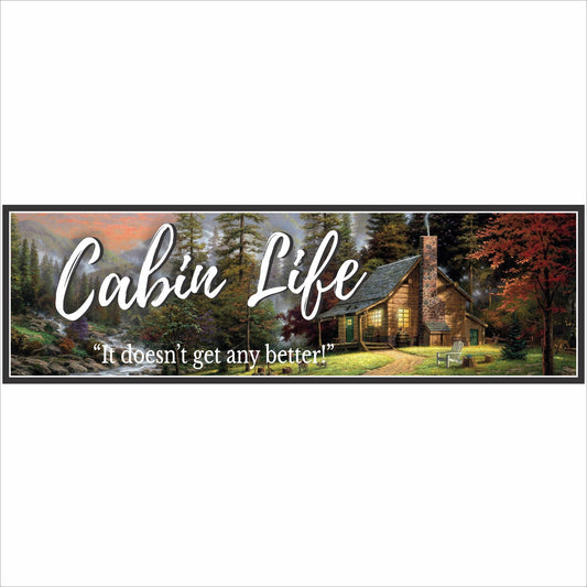Cabin life wall sign with rustic cabin illustration close-up