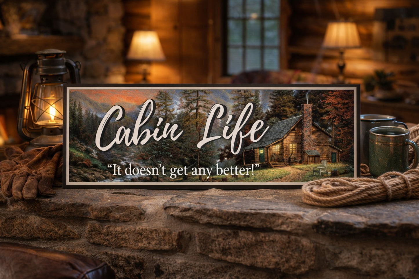 Cabin decor sign lifestyle display in cozy lodge setting