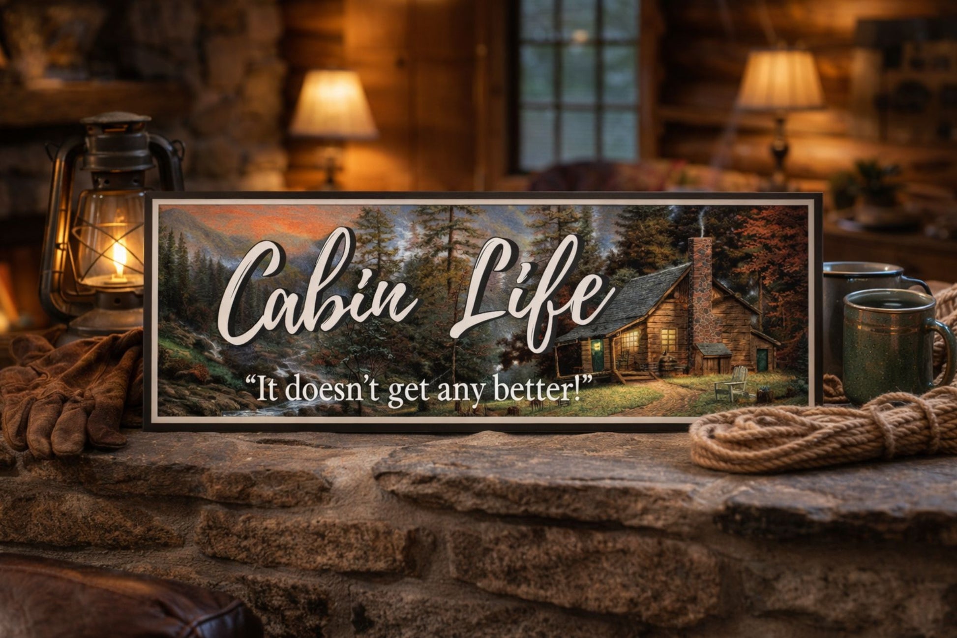 Cabin decor sign lifestyle display in cozy lodge setting