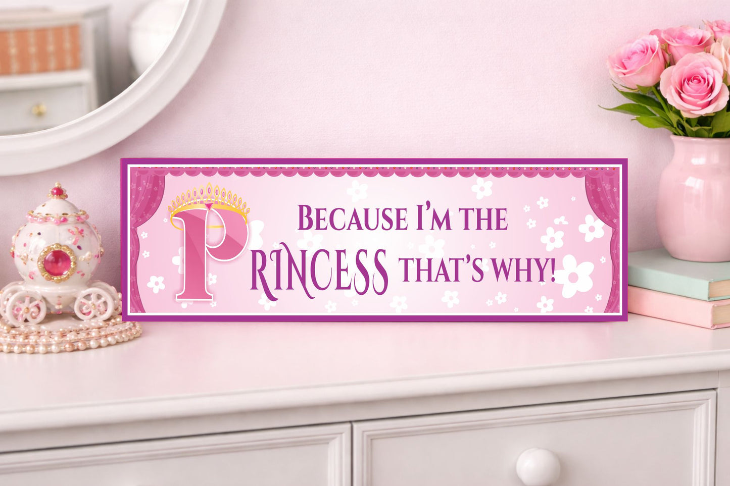 princess sign on dresser with pink decor flowers and jewelry box girls room decor