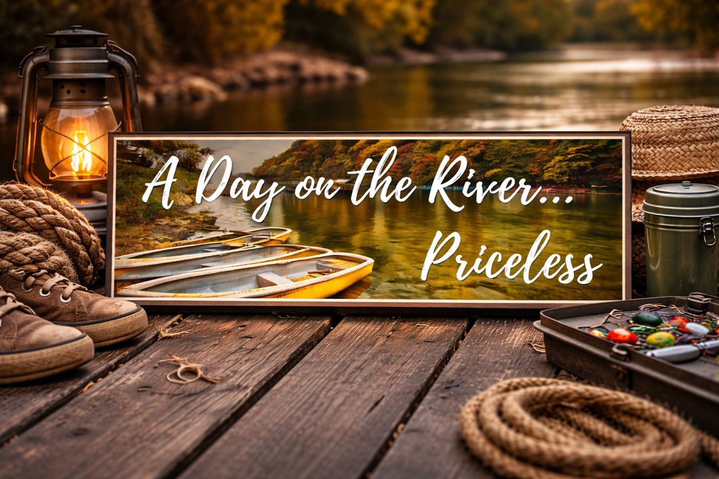 river cabin decor sign displayed on rustic dock setting