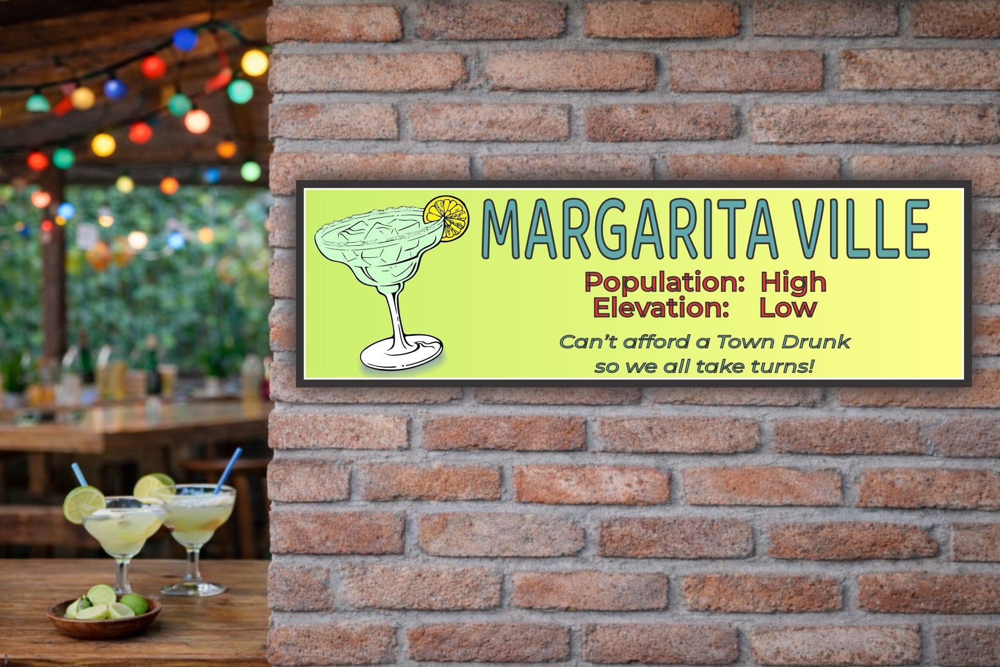 Margarita bar wall sign displayed in a home bar setting