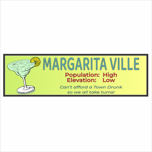 Margarita Ville bar sign with margarita glass graphic and humorous text