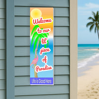 Welcome to Our Lil' Piece of Paradise Tropical Novelty Sign with Pink Flamingo, Palm Trees and Sun