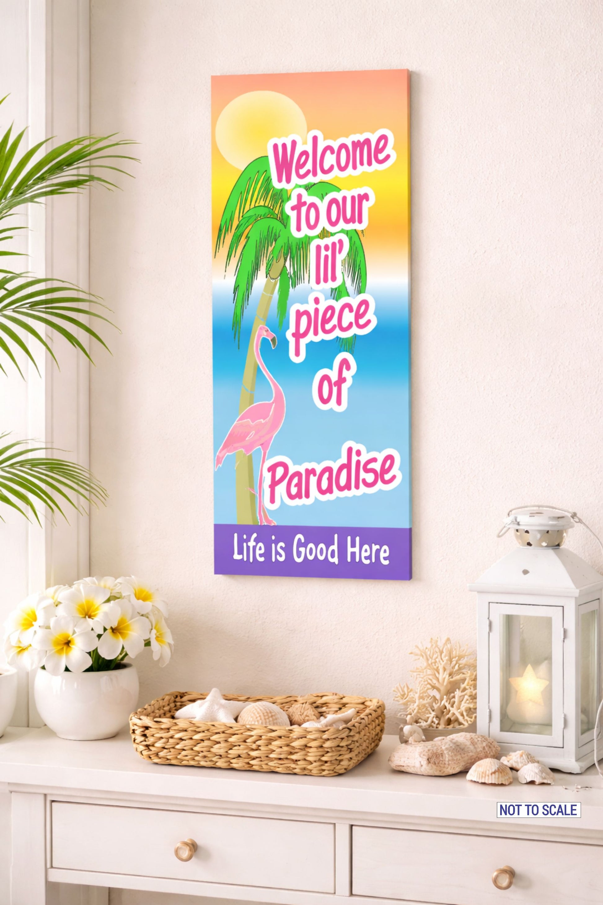 coastal lifestyle image with flamingo paradise vertical sign