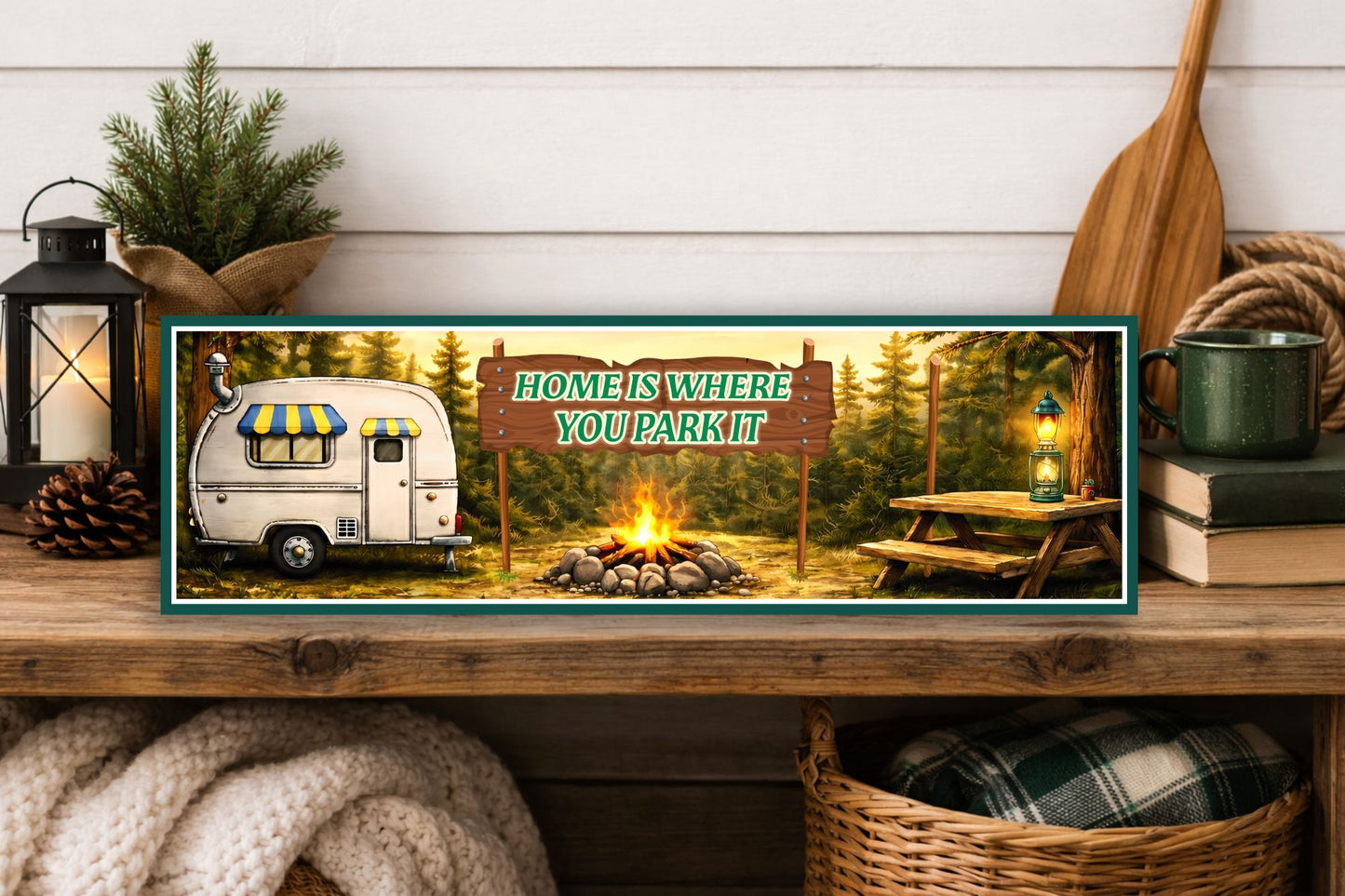 Camping sign displayed on rustic shelf with lantern and outdoor decor accents