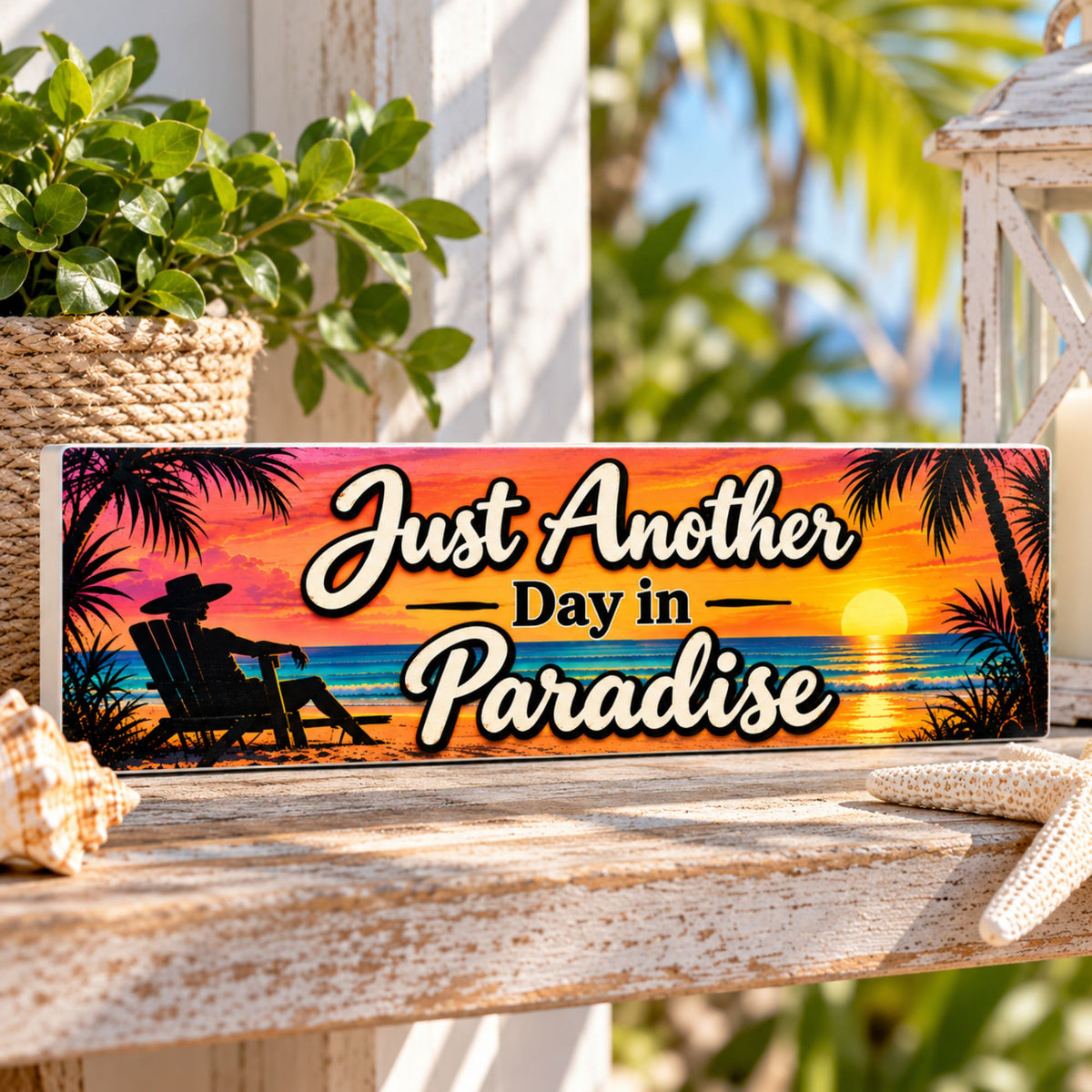 Tropical beach sign displayed outdoors on a shelf with coastal decor and greenery