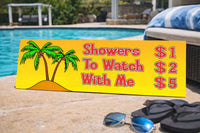 funny poolside novelty sign displayed beside swimming pool