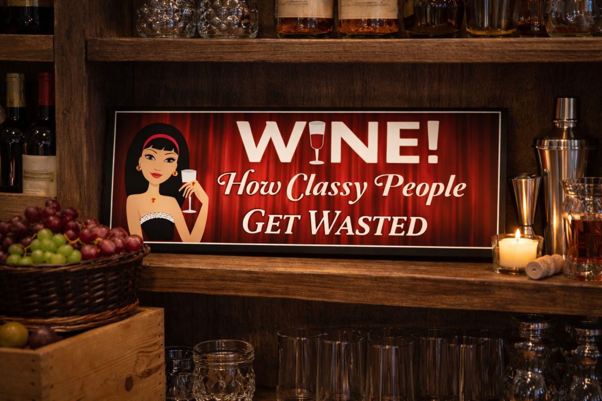 Wine bar shelf decor featuring humorous wine sign in a home bar setting