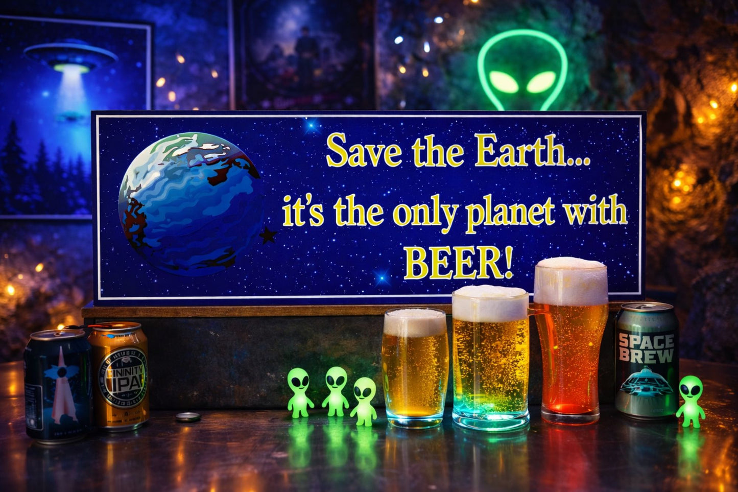 Save the Earth beer sign sitting on a bar surface with glowing beers, neon sci-fi decor, and space-themed bar background