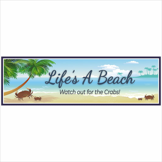 Life’s A Beach coastal sign with palm tree ocean scene and crabs humorous beach decor on horizontal plaque