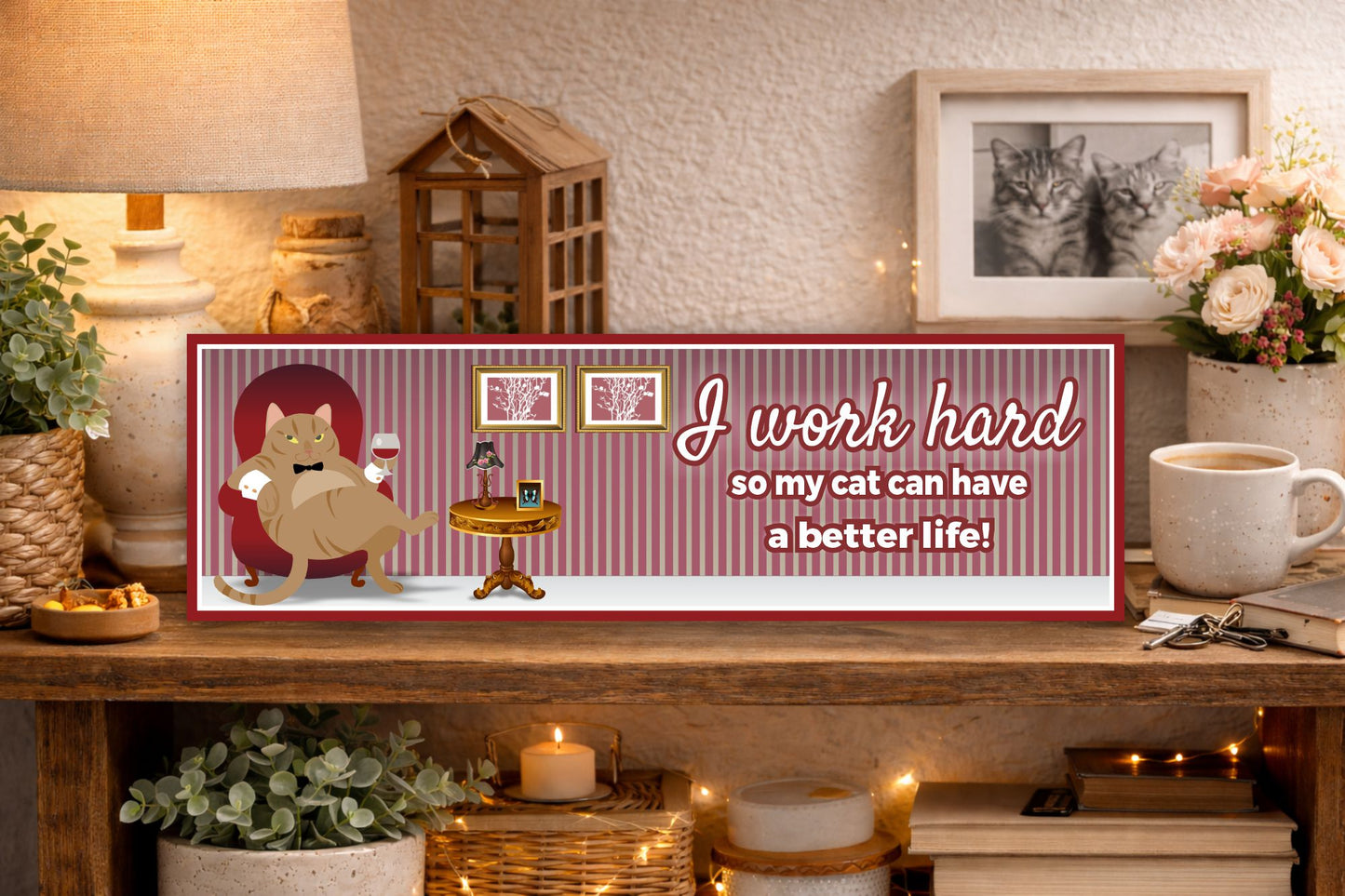 Funny cat sign on shelf I work hard so my cat can have a better life