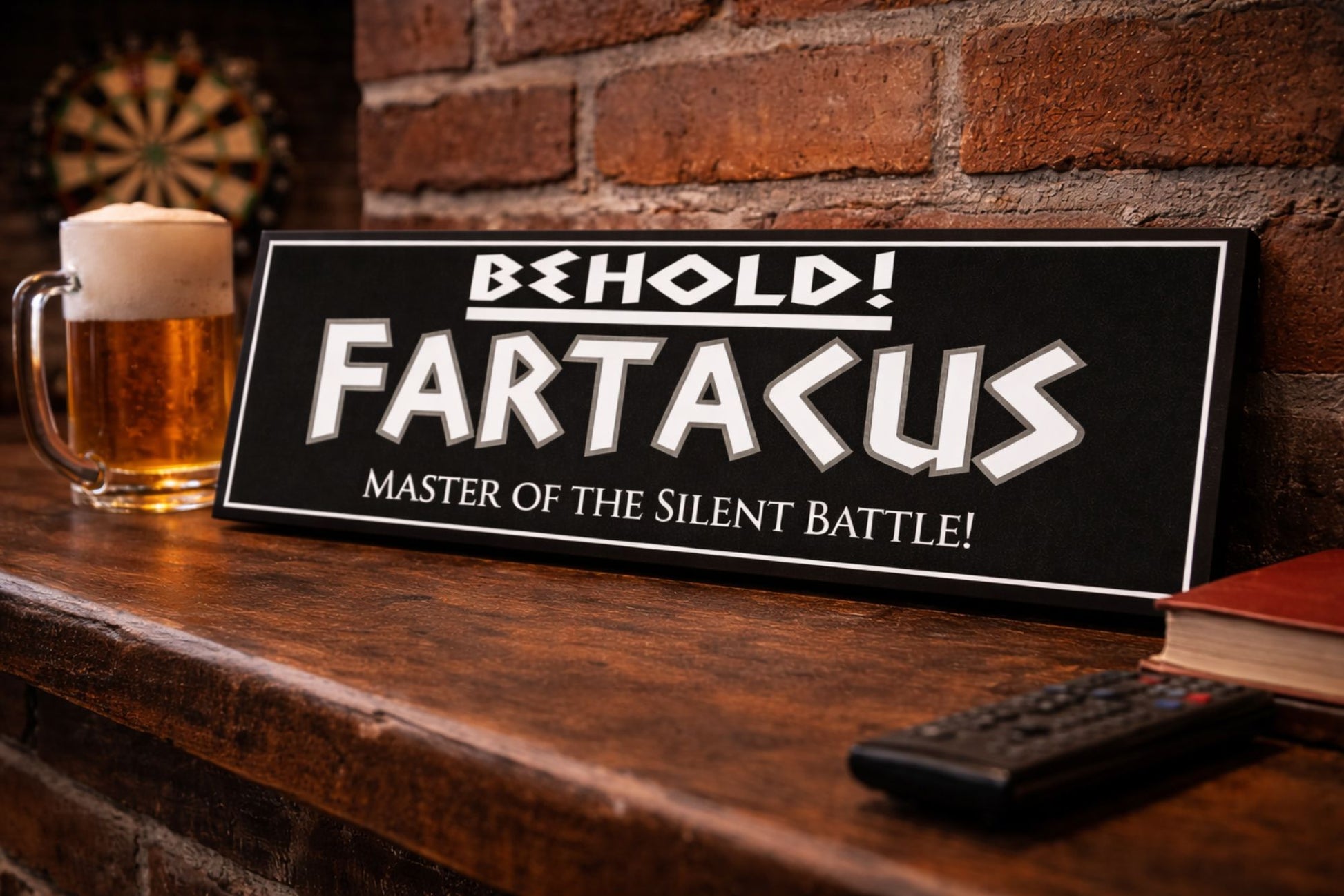 man cave shelf with beer and brick wall showing funny fartacus sign close up