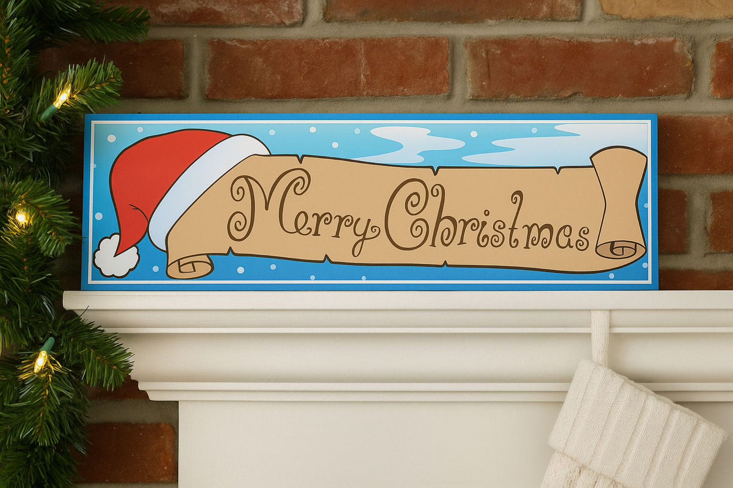 holiday lifestyle scene merry christmas sign above mantel