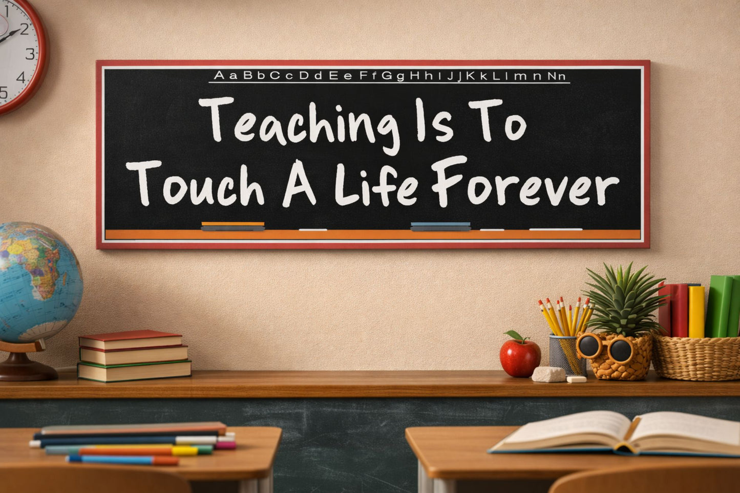 Inspirational teacher sign displayed in classroom setting with desk and school supplies