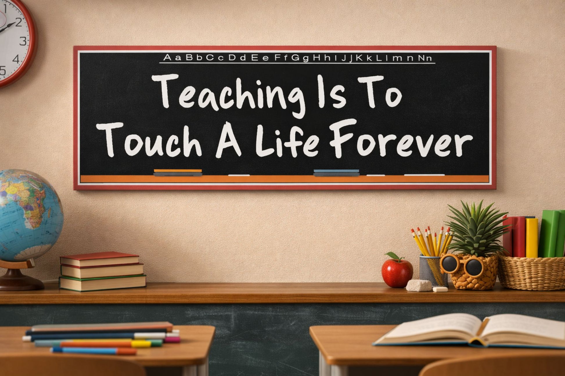 Inspirational teacher sign displayed in classroom setting with desk and school supplies