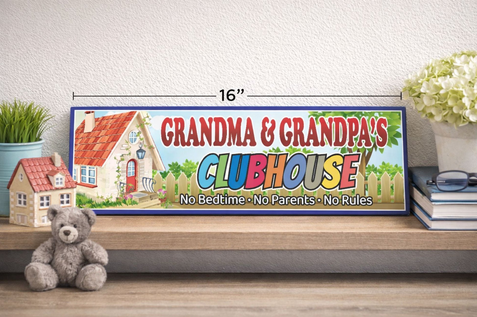 grandma and grandpas clubhouse sign displayed on shelf with teddy bear books and plant family decor sign