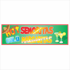 Hot Senoritas Cold Margaritas bar sign with sombrero and margarita glasses on green background