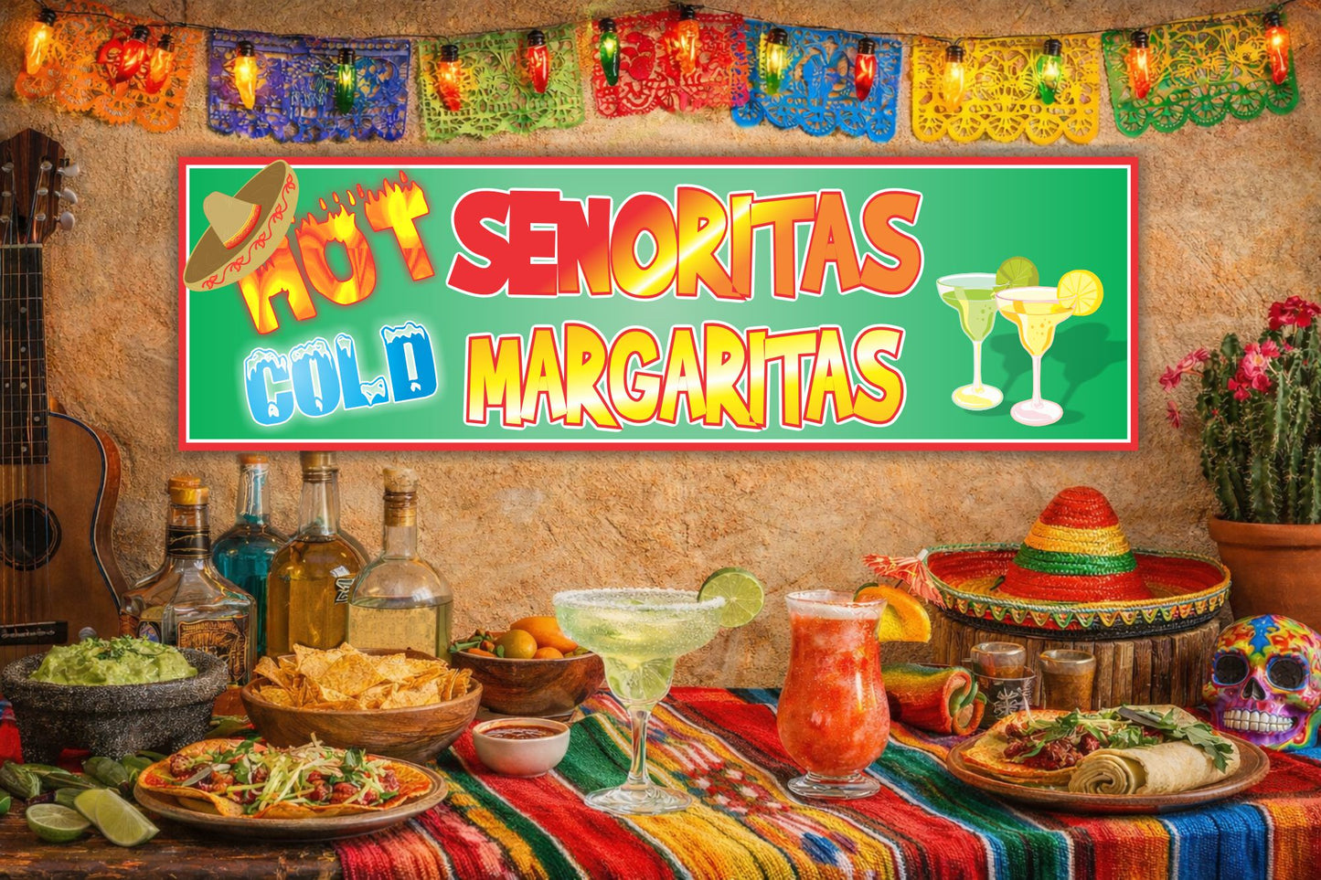 Mexican themed bar scene with margaritas tacos and colorful decor displaying Hot Senoritas Cold Margaritas sign