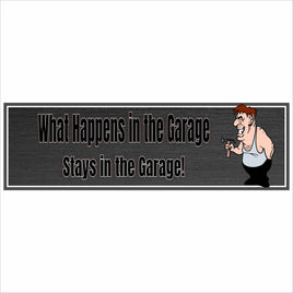 Front view of funny garage sign with brushed metal background and cartoon mechanic