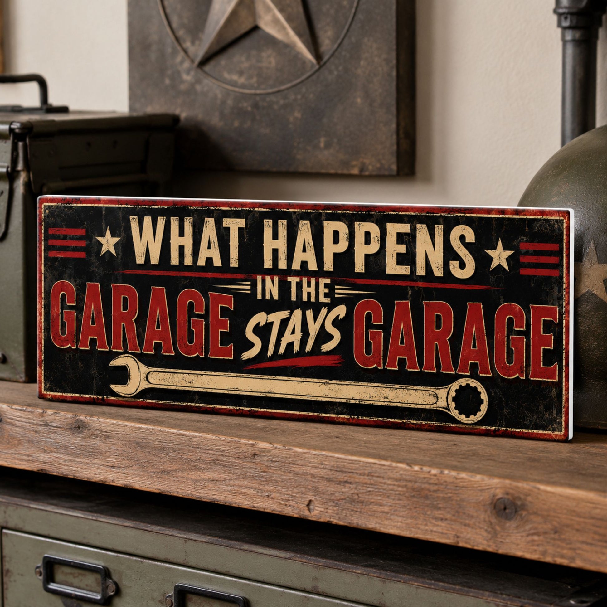 Vintage garage sign displayed on a shelf in a workshop with industrial décor.