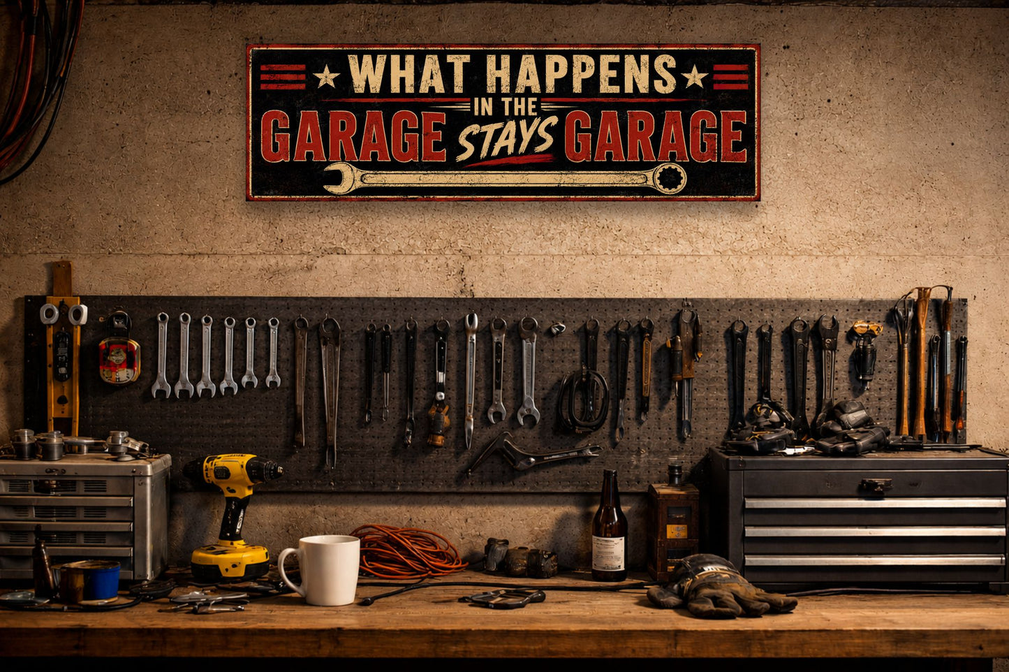 Garage sign mounted above a workbench with tools in a mechanic's workshop.