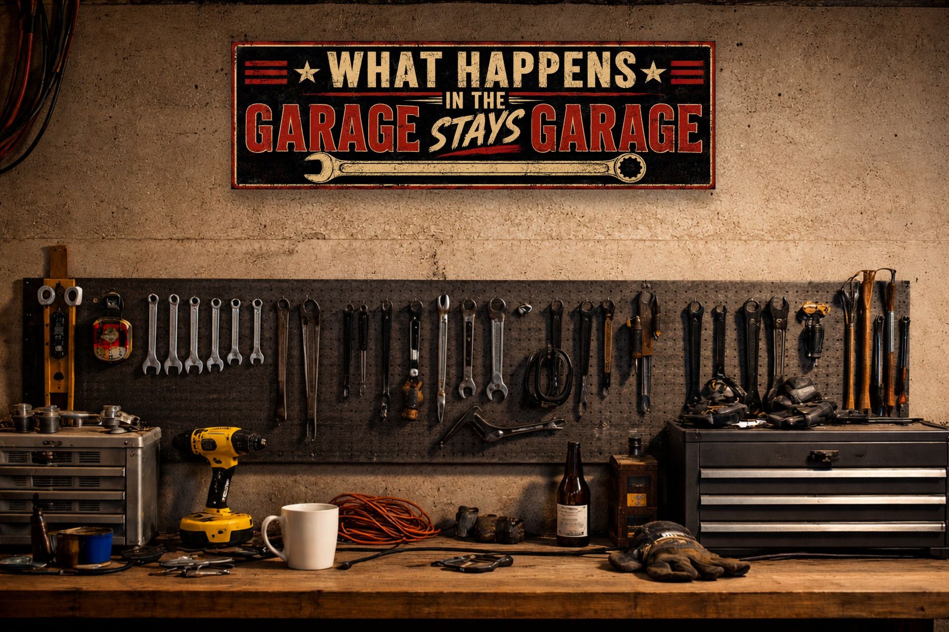 Garage sign mounted above a workbench with tools in a mechanic's workshop.