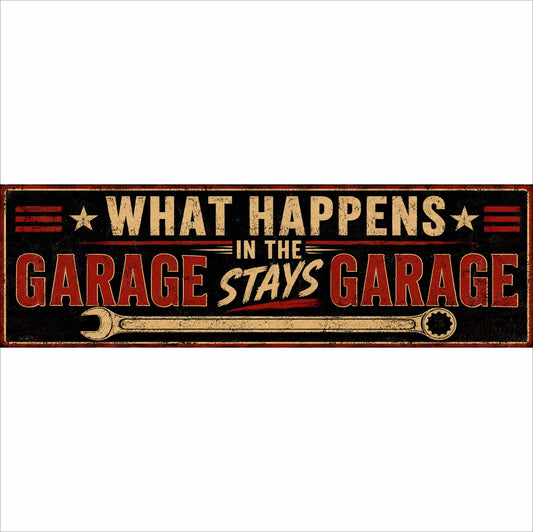 Vintage "What Happens in the Garage Stays in the Garage" garage sign on white background.