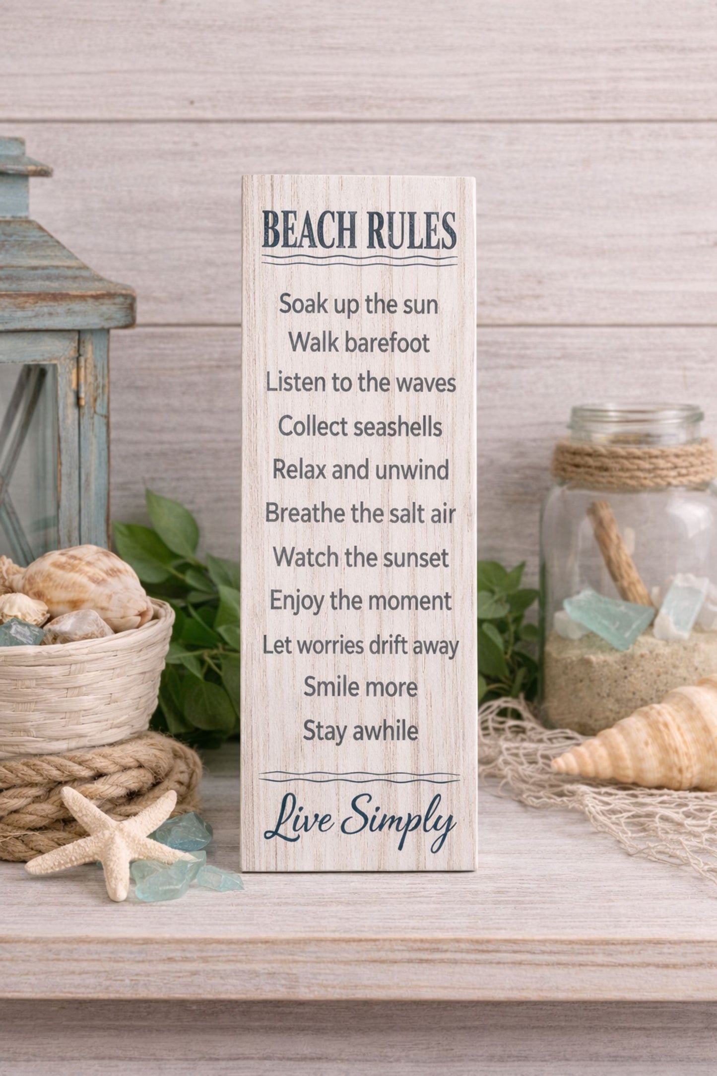 beach rules sign displayed on shelf with coastal decor showing true 5x16 proportions