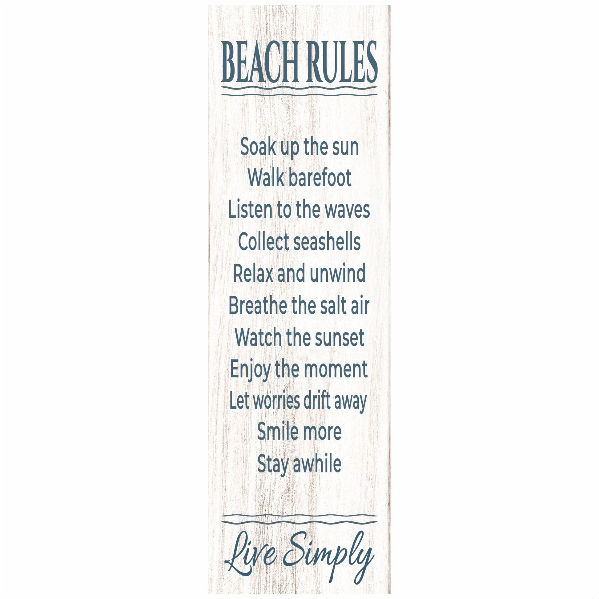 beach rules sign with weathered wood background and coastal sayings