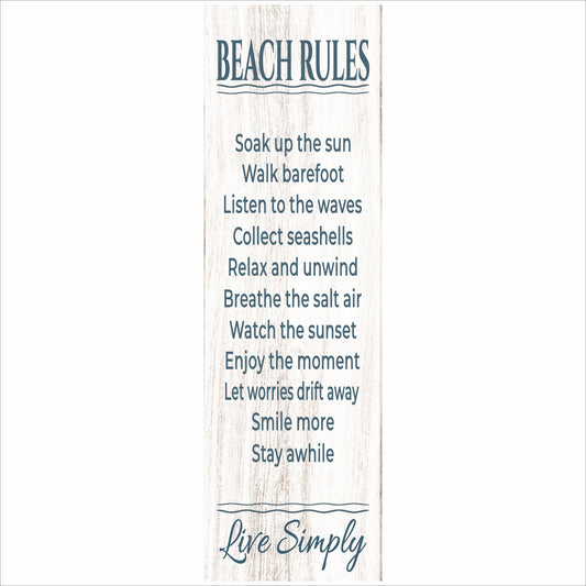 beach rules sign with weathered wood background and coastal sayings