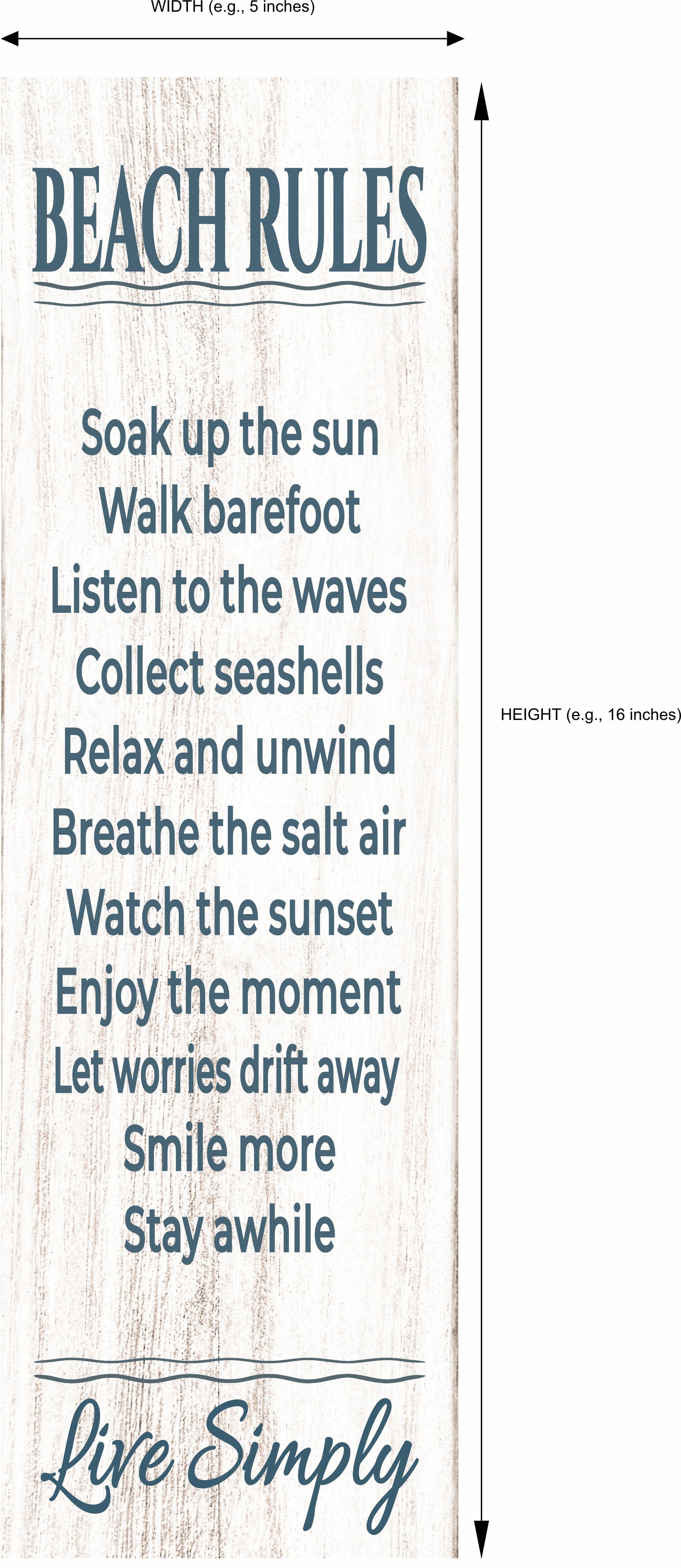vertical beach rules sign with dimension guide showing slim 5 x 16 size