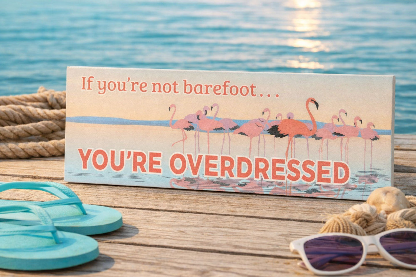 
flamingo coastal sign on dock by ocean water barefoot quote beach house decor