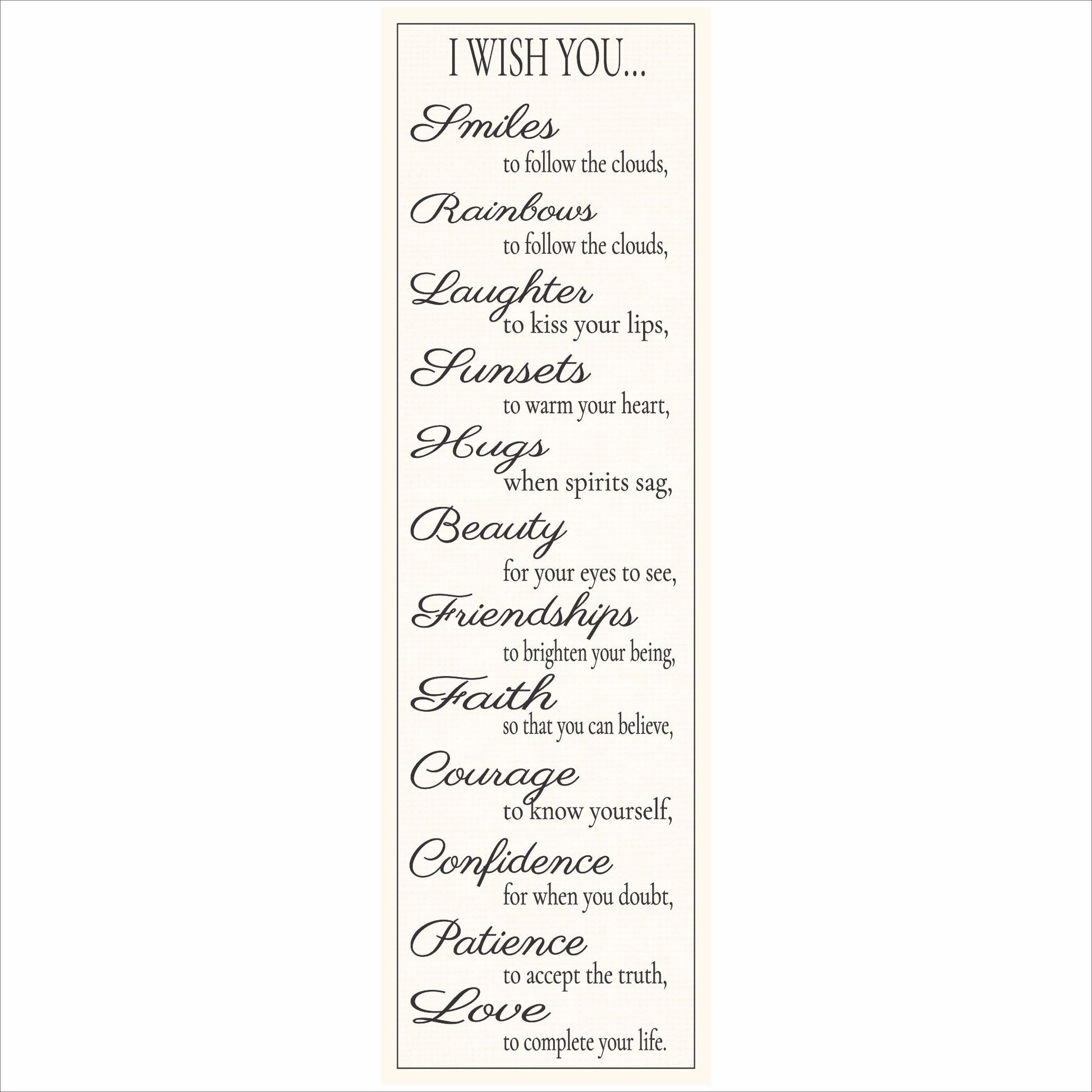 Vertical inspirational poem wall sign reading I Wish You with elegant script and serif typography on soft cream background