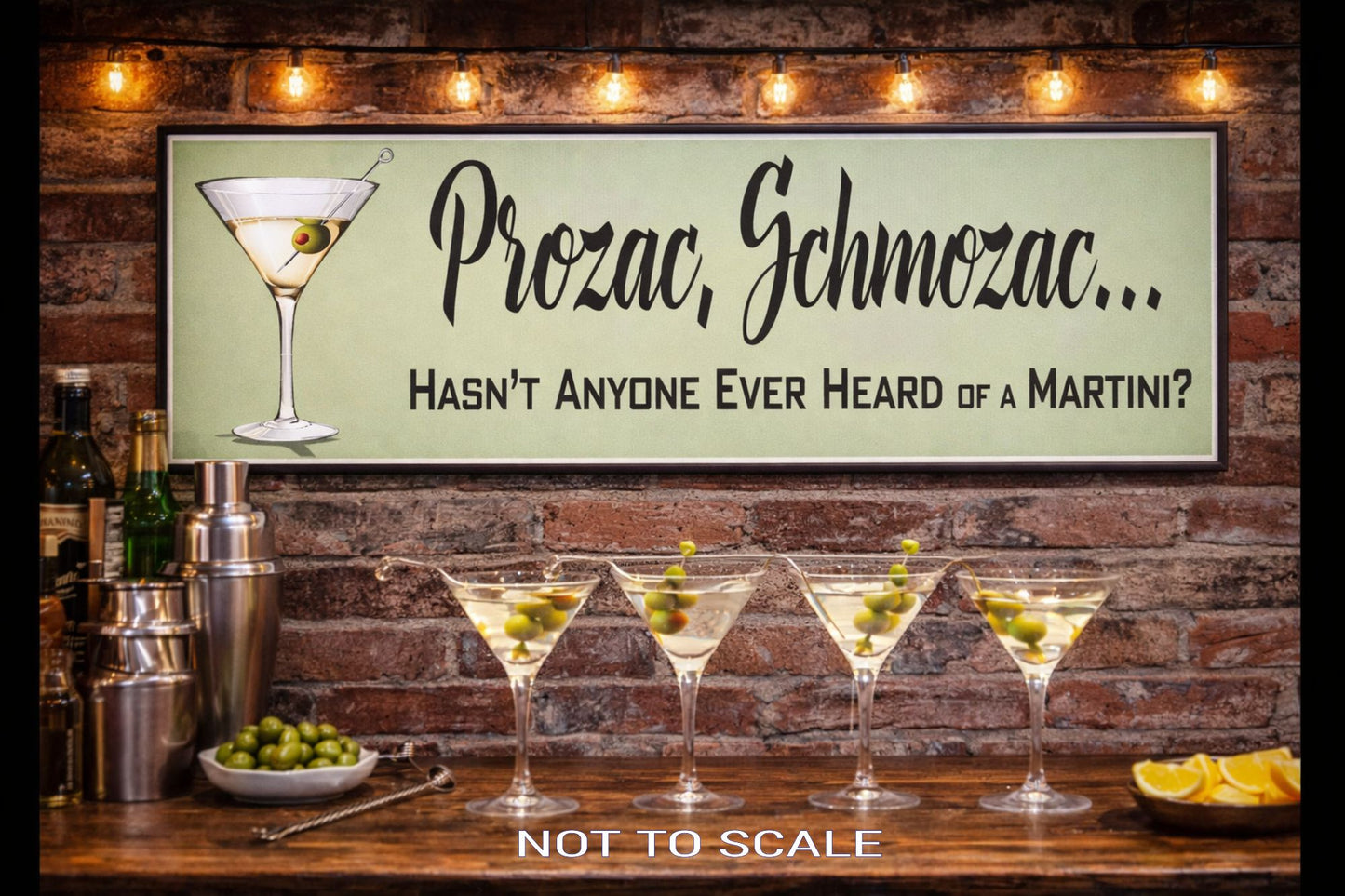 Martini-themed bar sign displayed above a home bar with cocktails, glassware, and bottles on a wooden counter